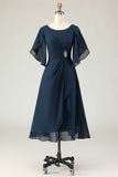 Navy A-Line Ruched Chiffon Short Sleeves Chiffon Midi Dress with Rhinestones