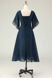 Navy A-Line Ruched Chiffon Short Sleeves Chiffon Midi Dress with Rhinestones