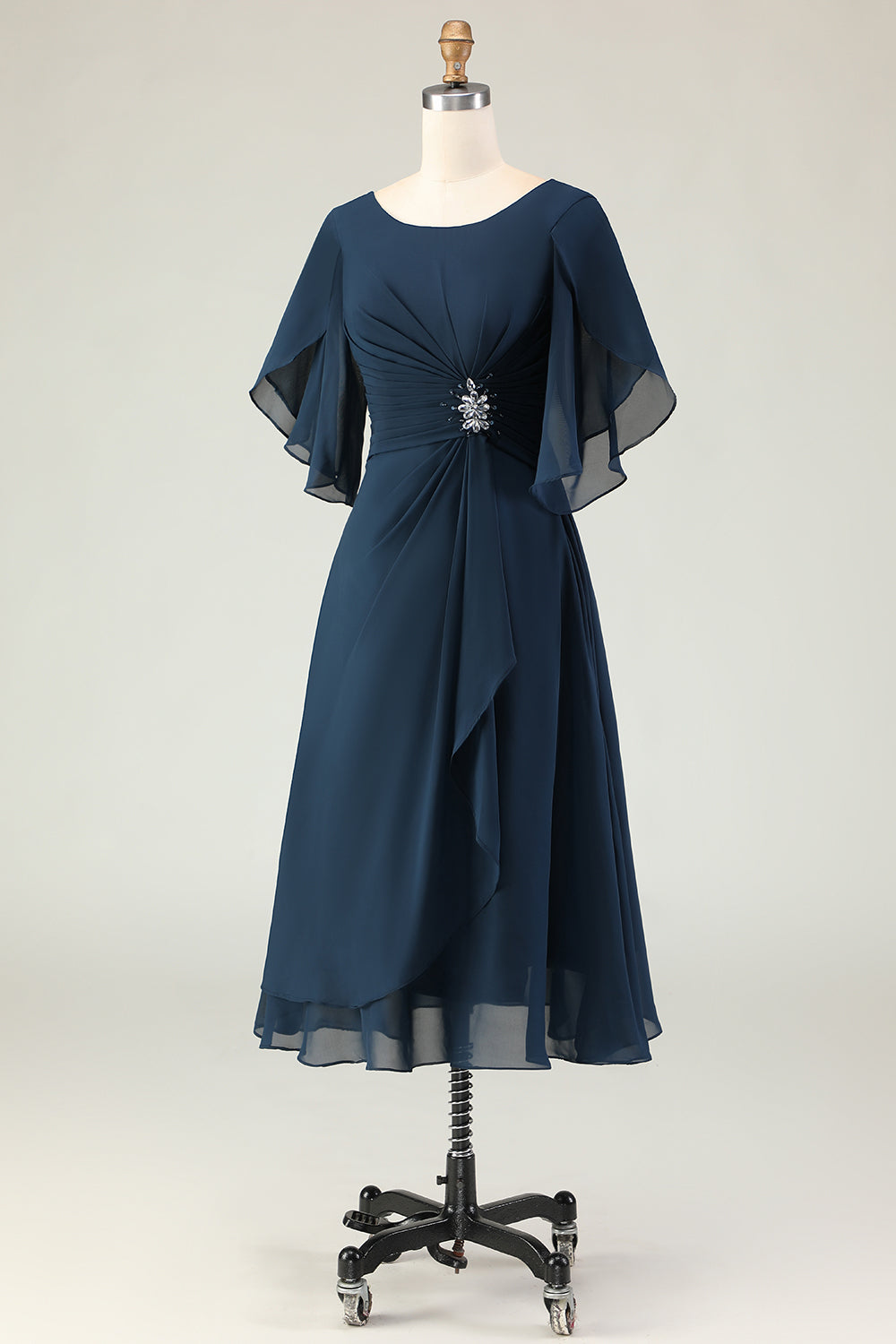 short navy dress for wedding Navy Blue Square Neck Summer Dress with Short Sleeves