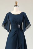 Navy A-Line Ruched Chiffon Short Sleeves Chiffon Midi Dress with Rhinestones