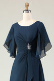Navy A-Line Ruched Chiffon Short Sleeves Chiffon Midi Dress with Rhinestones