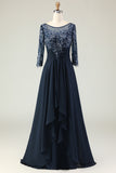 Navy Scoop Neck Appliqued A-Line Long Chiffon Dress with 3/4 Sleeves