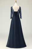Navy Scoop Neck Appliqued A-Line Long Chiffon Dress with 3/4 Sleeves