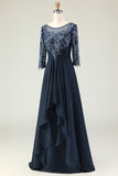 Navy Scoop Neck Appliqued A-Line Long Chiffon Dress with 3/4 Sleeves