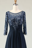 Navy Scoop Neck Appliqued A-Line Long Chiffon Dress with 3/4 Sleeves