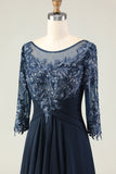 Navy Scoop Neck Appliqued A-Line Long Chiffon Dress with 3/4 Sleeves
