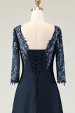 Navy Scoop Neck Appliqued A-Line Long Chiffon Dress with 3/4 Sleeves