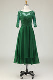 Green A-Line Tie Back Appliqued Midi Mother Of The Bride Dress with Half Sleeves