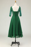 Green A-Line Tie Back Appliqued Midi Mother Of The Bride Dress with Half Sleeves