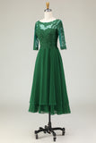 Green A-Line Tie Back Appliqued Midi Mother Of The Bride Dress with Half Sleeves