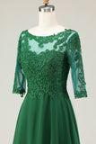 Green A-Line Tie Back Appliqued Midi Mother Of The Bride Dress with Half Sleeves