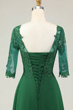 Green A-Line Tie Back Appliqued Midi Mother Of The Bride Dress with Half Sleeves