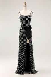 Black Beaded Mermaid Spaghetti Straps Side Bowed Long Prom Dress with Slit