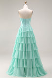Strapless Pink Sequin A Line Tiered Ruffle Corset Long Prom Dress with Slit