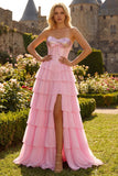 Strapless Pink A Line Tiered Ruffle Sequin Corset Long Prom Dress with Slit