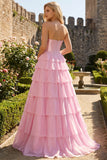 Strapless Pink A Line Tiered Ruffle Sequin Corset Long Prom Dress with Slit