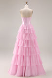 Strapless Pink Sequin A Line Tiered Ruffle Corset Long Prom Dress with Slit