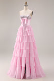 Strapless Pink Sequin A Line Tiered Ruffle Corset Long Prom Dress with Slit