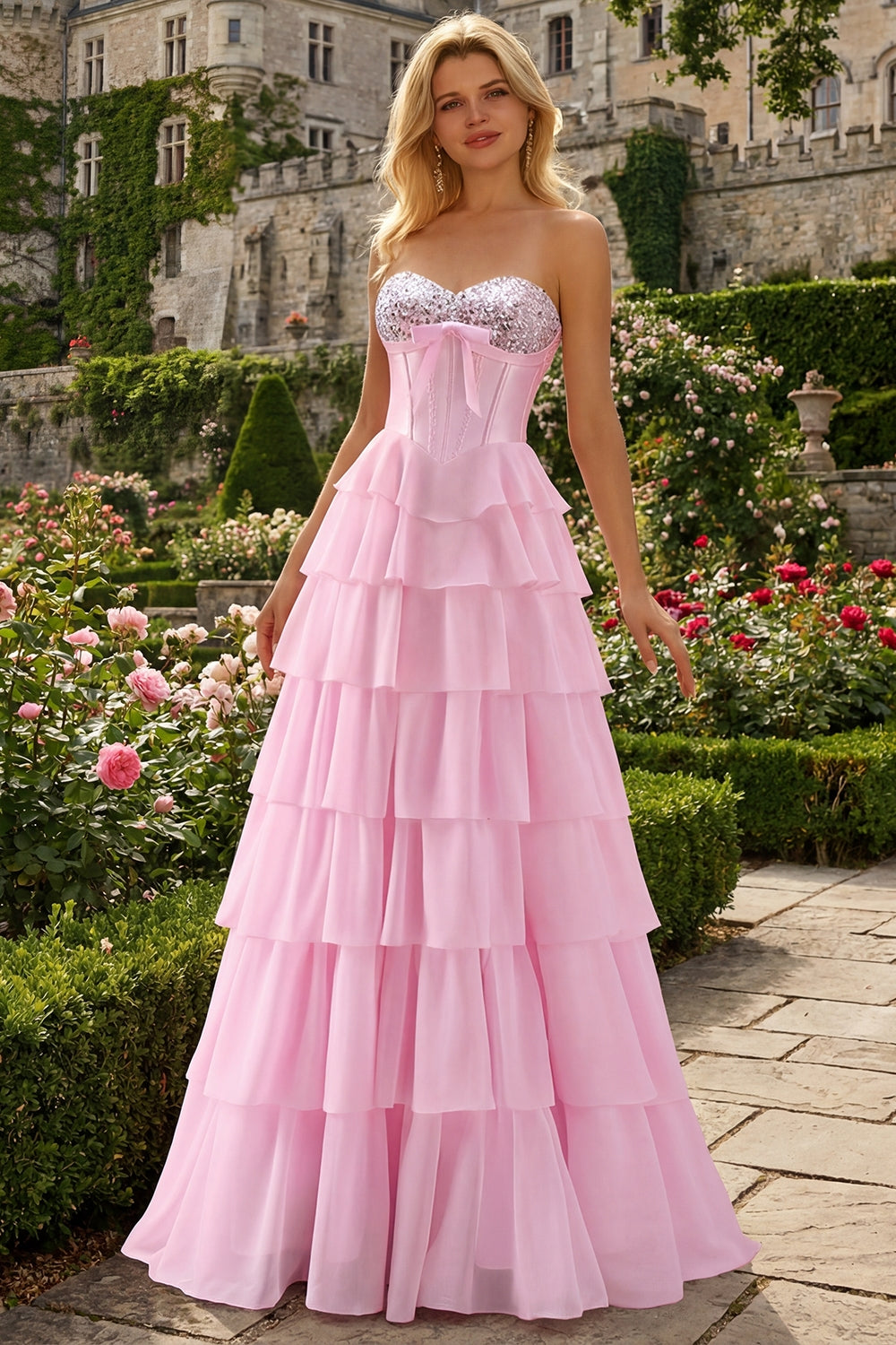 WEDTREND Women Strapless Pink Sequin Prom Dress A Line Tiered Ruffle Corset Long Party Dress with Slit WEDTREND Women Strapless Pink Sequin Prom Dress A Line Tiered Ruffle Corset Long Party Dress with Slit