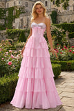 Strapless Pink A Line Tiered Ruffle Sequin Corset Long Prom Dress with Slit