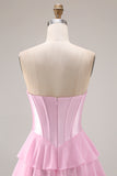 Strapless Pink Sequin A Line Tiered Ruffle Corset Long Prom Dress with Slit