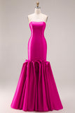 Fuchsia Strapless Mermaid Satin Long Prom Dress with 3D Flowers