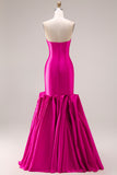 Fuchsia Strapless Mermaid Satin Long Prom Dress with 3D Flowers