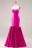 Fuchsia Strapless Mermaid Satin Long Prom Dress with 3D Flowers