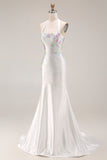 Halter Beaded White Satin Mermaid Long Prom Dress