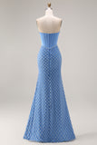 Beaded Blue Mermaid Strapless Corset Long Prom Dress with Slit