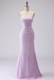 Lilac Strapless Mermaid Corset Satin Long Bridesmaid Dress