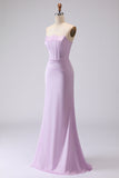 Lilac Strapless Mermaid Corset Satin Long Bridesmaid Dress
