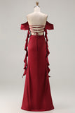 Burgundy Off The Shoulder Mermaid Ruffled Lace Up Back Long Bridesmaid Dress with Slit