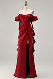 Burgundy Off The Shoulder Mermaid Ruffled Lace Up Back Long Bridesmaid Dress with Slit