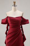 Burgundy Off The Shoulder Mermaid Ruffled Lace Up Back Long Bridesmaid Dress with Slit