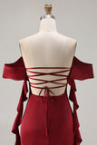 Burgundy Off The Shoulder Mermaid Ruffled Lace Up Back Long Bridesmaid Dress with Slit
