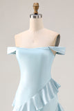 Blue Off the Shoulder Mermaid Ruffle Long Bridesmaid Dress with Slit