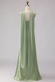 Dusty Sage Mermaid Strapless Satin Long Bridesmaid Dress with Streamer