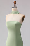 Dusty Sage Mermaid Strapless Satin Long Bridesmaid Dress with Streamer
