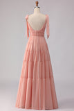 Blush A Line Chiffon Ruched V Neck Long Bridesmaid Dress