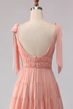 Blush A Line Chiffon Ruched V Neck Long Bridesmaid Dress