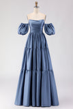 Off the Shoulder A Line Steel Blue Long Prom Dress with Removable Sleeves