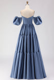 Off the Shoulder A Line Steel Blue Long Prom Dress with Removable Sleeves