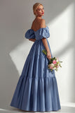 Off the Shoulder A Line Steel Blue Long Prom Dress with Removable Sleeves