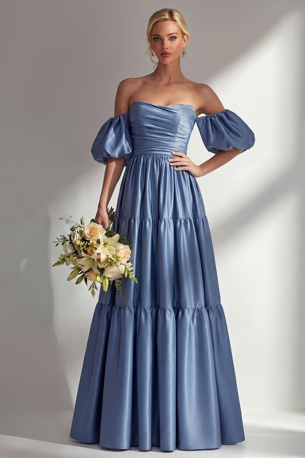 WEDTREND Women Off the Shoulder Steel Blue Long Prom Dress A Line Satin  Convertible Formal Dress with Removable Sleeves