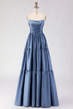 Off the Shoulder A Line Steel Blue Long Prom Dress with Removable Sleeves