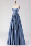 Off the Shoulder A Line Steel Blue Long Prom Dress with Removable Sleeves