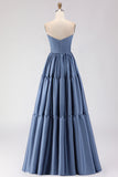 Off the Shoulder A Line Steel Blue Long Prom Dress with Removable Sleeves
