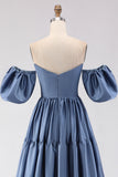 Off the Shoulder A Line Steel Blue Long Prom Dress with Removable Sleeves