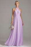 Lilac Halter Chiffon Keyhole Long Bridesmaid Dress
